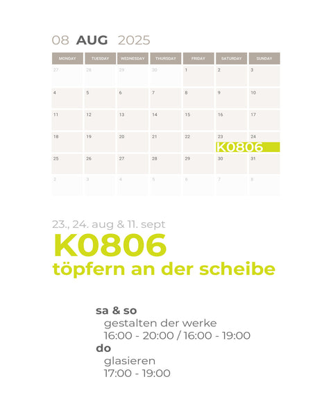 AUGUST | 3-teiliger töpferkurs | wochenende