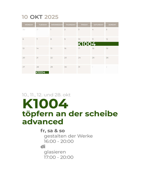 OKTOBER | FORTGESCHRITTEN | 4-teiliger töpferkurs | wochenende